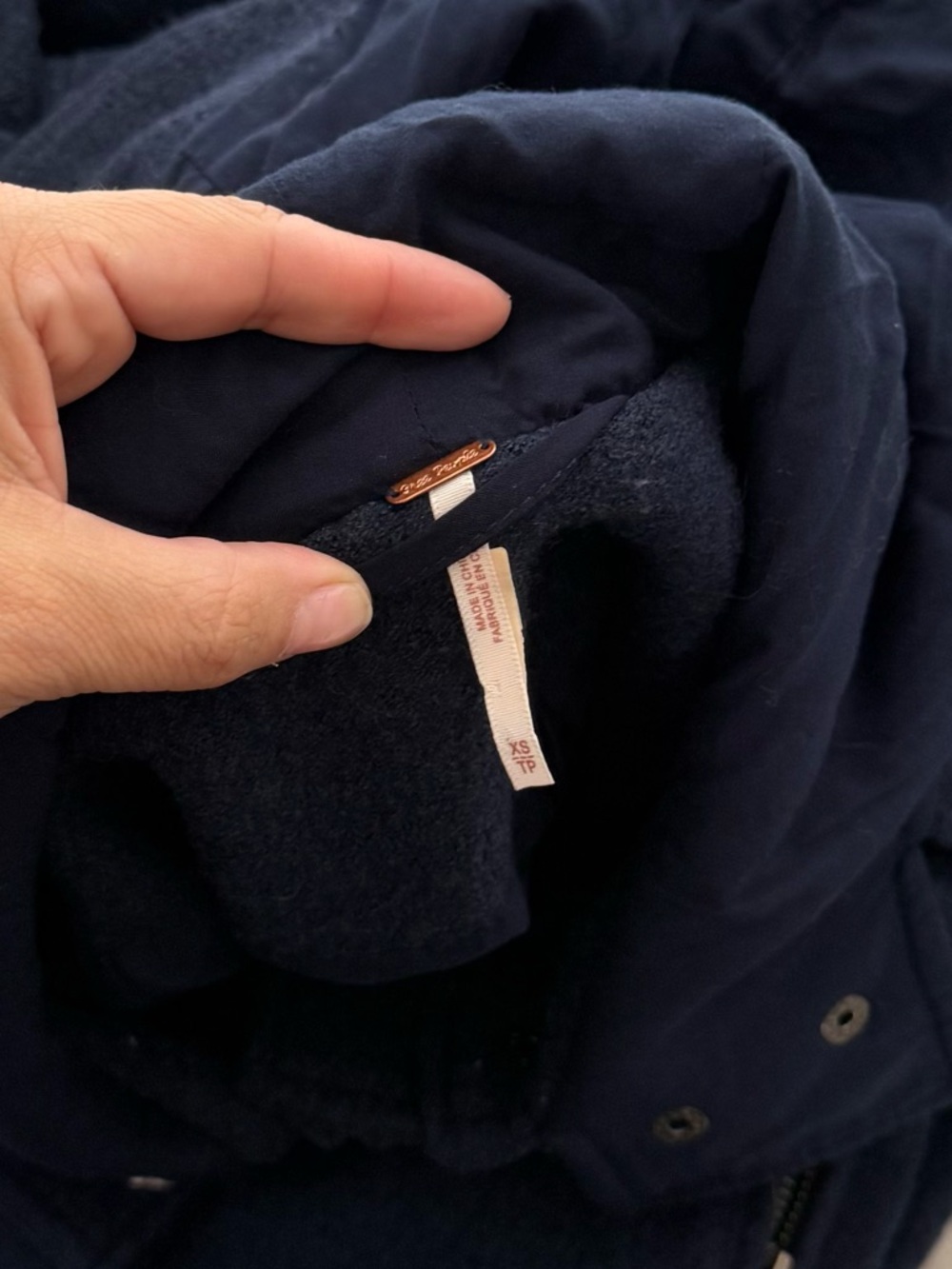 Free People Boiled Wool Rope Toggle Hooded Coat XS Dark Blue Vintage Military - Picture 5 of 8
